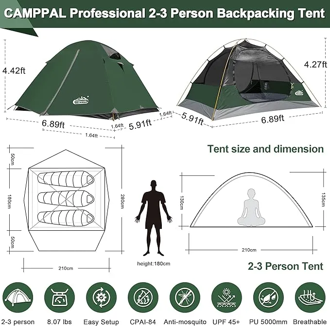 2-3 Person Tent Backpacking Tent, Waterproof Windproof 4 Season Tent for Camping, Easy Setup Two Person Tent for Backpacking, Hiking, Hunting, Motor Cycling & Biking