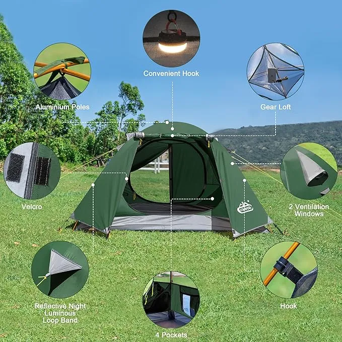 2-3 Person Tent Backpacking Tent, Waterproof Windproof 4 Season Tent for Camping, Easy Setup Two Person Tent for Backpacking, Hiking, Hunting, Motor Cycling & Biking