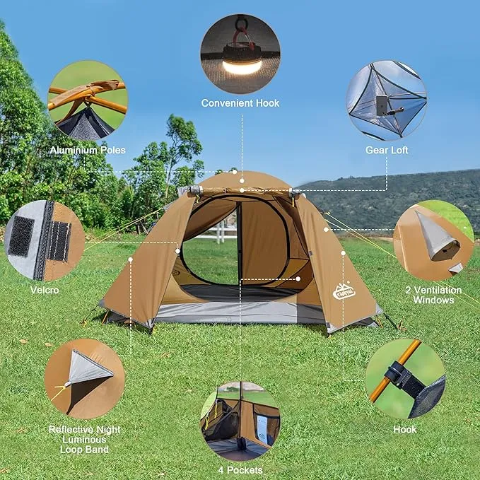 2-3 Person Tent Backpacking Tent, Waterproof Windproof 4 Season Tent for Camping, Easy Setup Two Person Tent for Backpacking, Hiking, Hunting, Motor Cycling & Biking