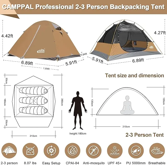 2-3 Person Tent Backpacking Tent, Waterproof Windproof 4 Season Tent for Camping, Easy Setup Two Person Tent for Backpacking, Hiking, Hunting, Motor Cycling & Biking