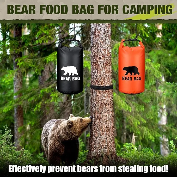 2 Sets Bear Food Bag for Camping Ultralight Food Bag Hanging System Includes 2 Pcs 10 L Waterproof Bear Bag Pulley System and 4 Pcs Nylon Ropes 4 Pcs Clips 2 Pcs Rock Pouch