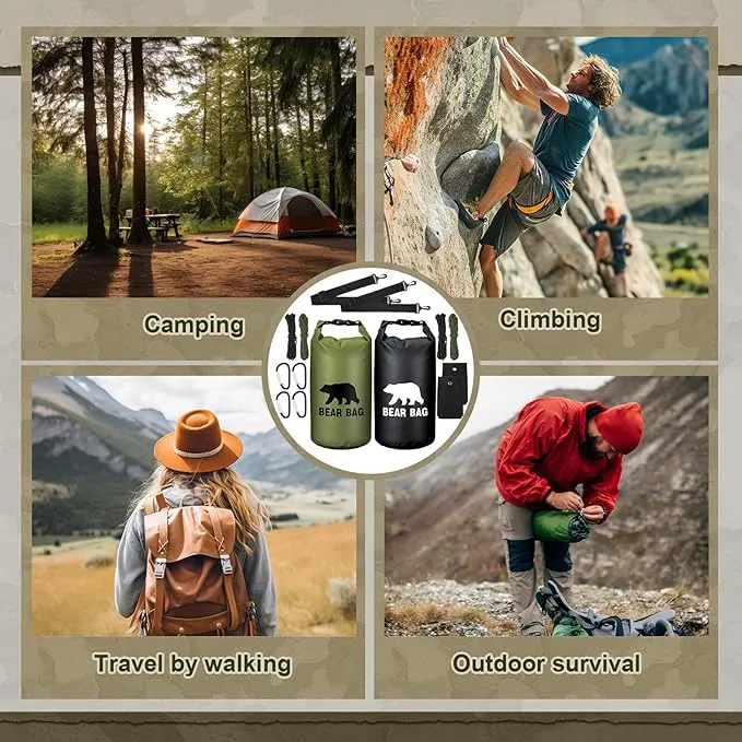 2 Sets Bear Food Bag for Camping Ultralight Food Bag Hanging System Includes 2 Pcs 10 L Waterproof Bear Bag Pulley System and 4 Pcs Nylon Ropes 4 Pcs Clips 2 Pcs Rock Pouch