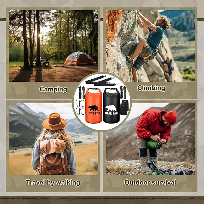 2 Sets Bear Food Bag for Camping Ultralight Food Bag Hanging System Includes 2 Pcs 10 L Waterproof Bear Bag Pulley System and 4 Pcs Nylon Ropes 4 Pcs Clips 2 Pcs Rock Pouch