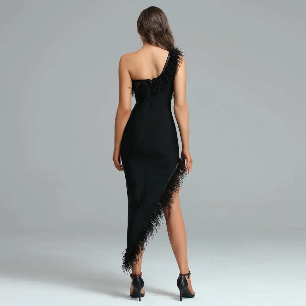 Asymmetrical Feather Trim Bandage Dress