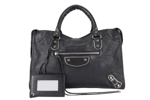 BALENCIAGA CLASSIC CITY BLACK METALLIC LEATHER HANDBAG GOLD HARDWARE WITH MIRROR AND STRAPS
