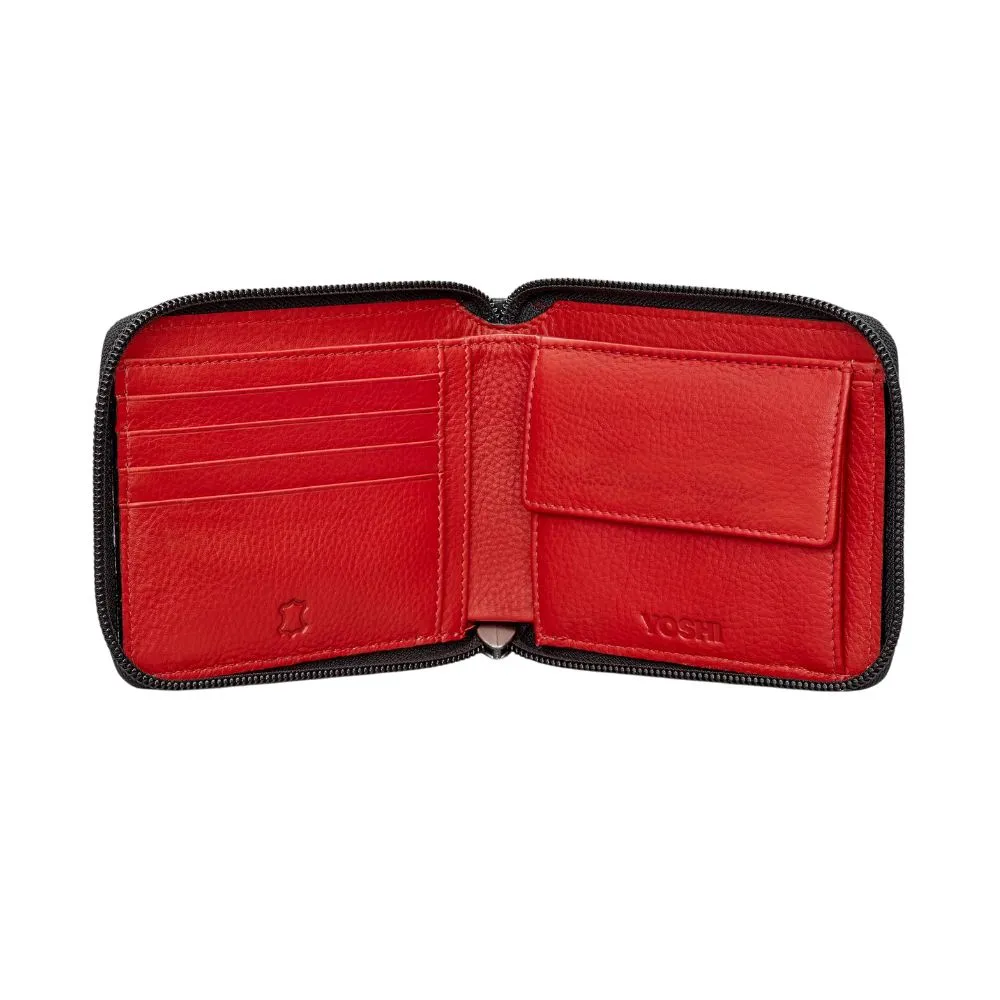 Black Leather Zip Around Wallet with Red Interior