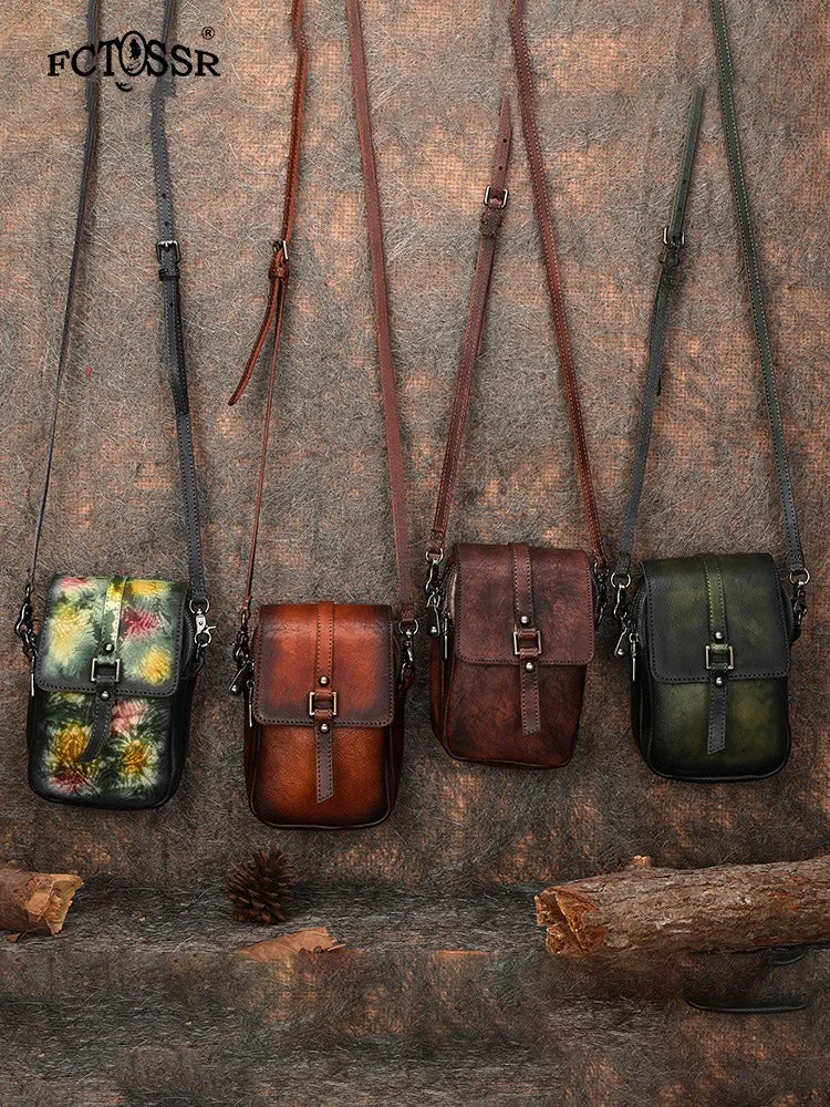 Brown Leather Womens VIntage Phone Shoulder Bag Small Side Bag Handmade Crossbody Purse for Ladies