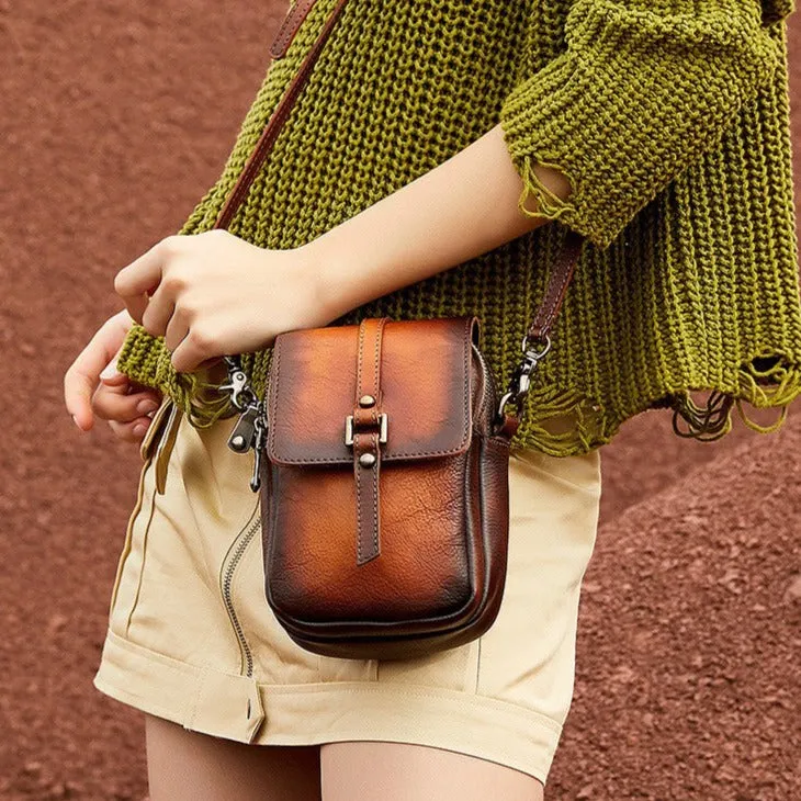 Brown Leather Womens VIntage Phone Shoulder Bag Small Side Bag Handmade Crossbody Purse for Ladies