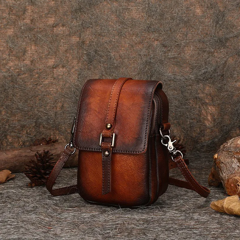 Brown Leather Womens VIntage Phone Shoulder Bag Small Side Bag Handmade Crossbody Purse for Ladies