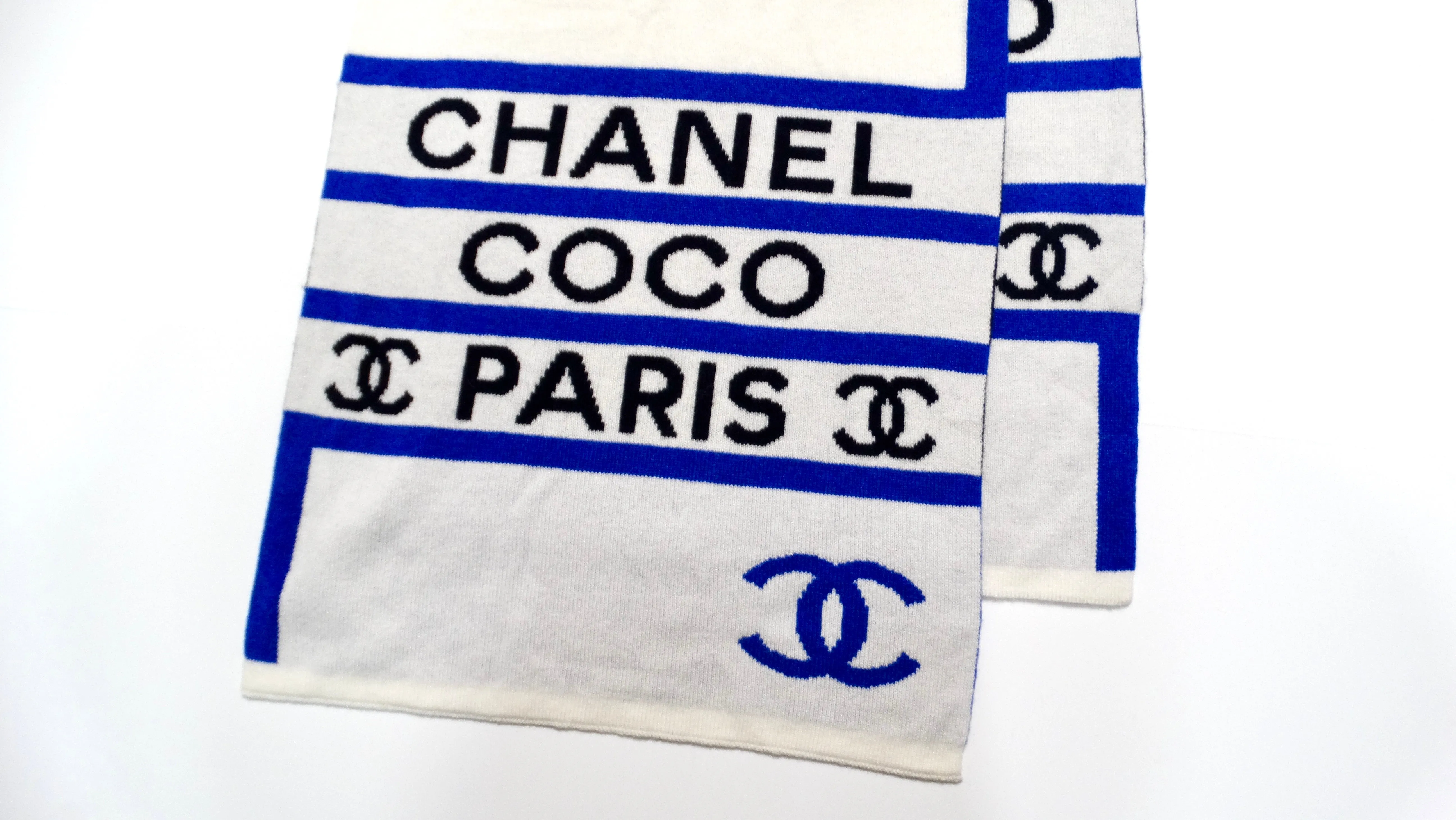 Chanel Coco Paris Blue & White Cashmere Scarf