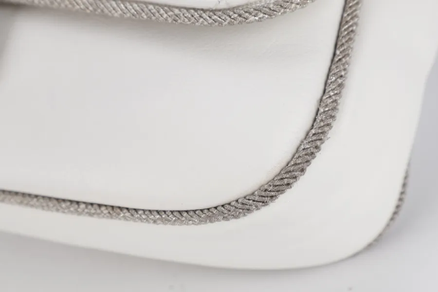 CHANEL WHITE QUILTED LEATHER GLITTER TRIM EDGE SHOULDER BAG SILVER CHAIN 2718xxxx WITH CARD, DUST COVER AND BOX