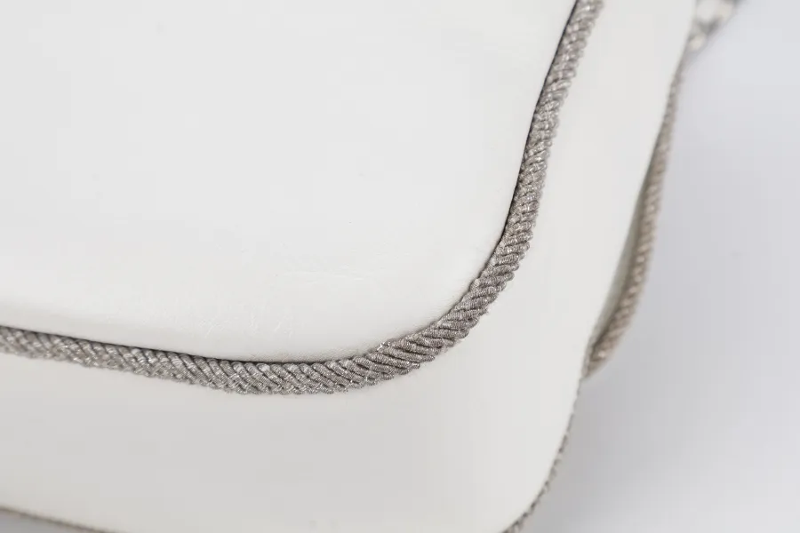 CHANEL WHITE QUILTED LEATHER GLITTER TRIM EDGE SHOULDER BAG SILVER CHAIN 2718xxxx WITH CARD, DUST COVER AND BOX