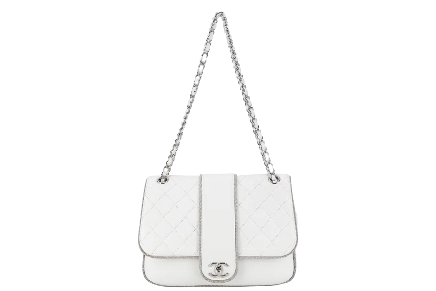CHANEL WHITE QUILTED LEATHER GLITTER TRIM EDGE SHOULDER BAG SILVER CHAIN 2718xxxx WITH CARD, DUST COVER AND BOX
