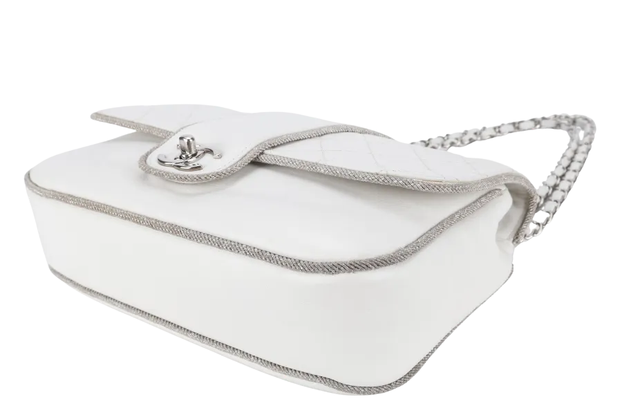 CHANEL WHITE QUILTED LEATHER GLITTER TRIM EDGE SHOULDER BAG SILVER CHAIN 2718xxxx WITH CARD, DUST COVER AND BOX