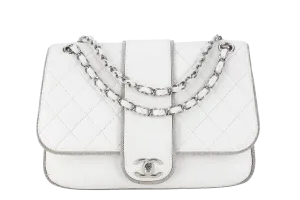 CHANEL WHITE QUILTED LEATHER GLITTER TRIM EDGE SHOULDER BAG SILVER CHAIN 2718xxxx WITH CARD, DUST COVER AND BOX