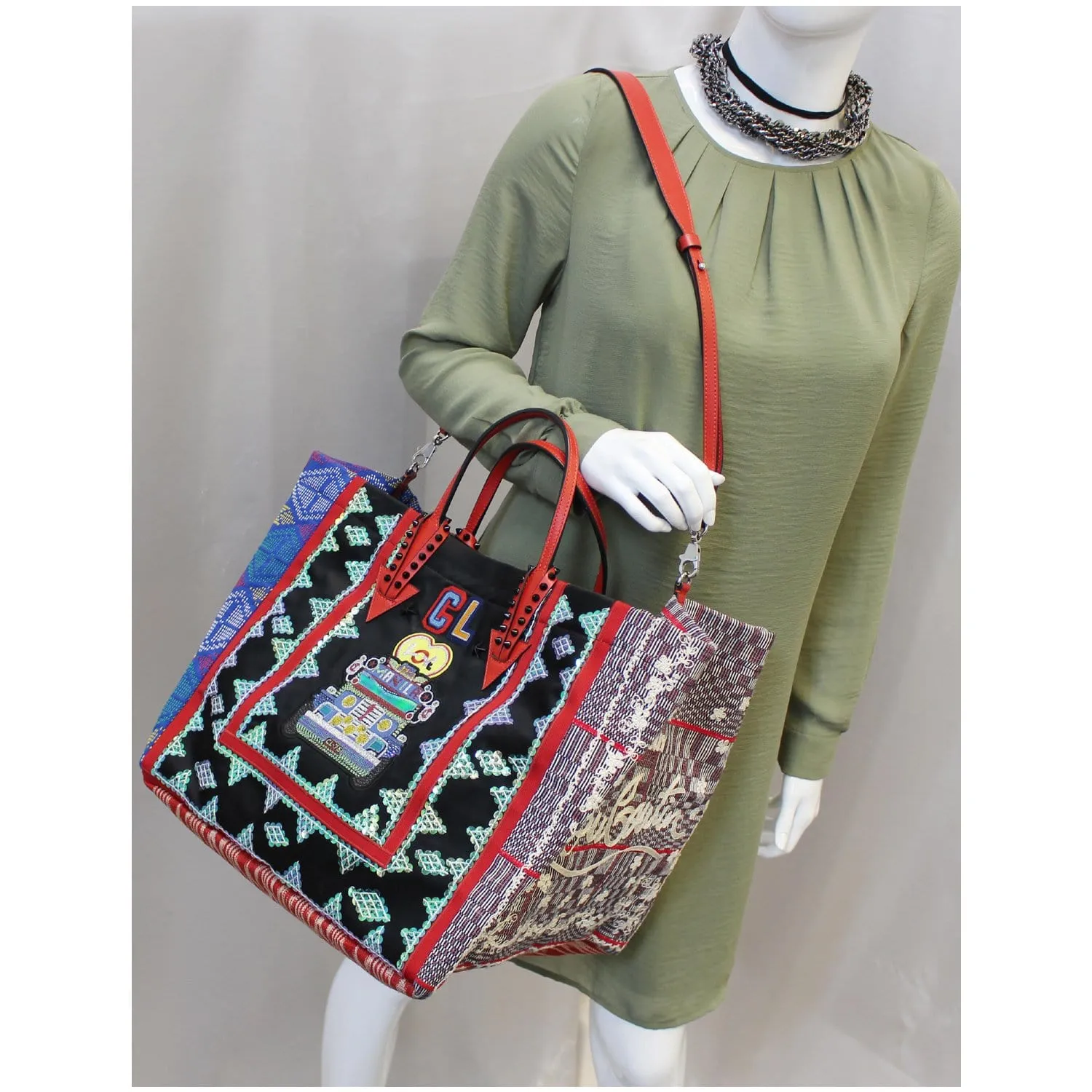 CHRISTIAN LOUBOUTIN Caba World Motif Embroidered Tote Bag Multicolor