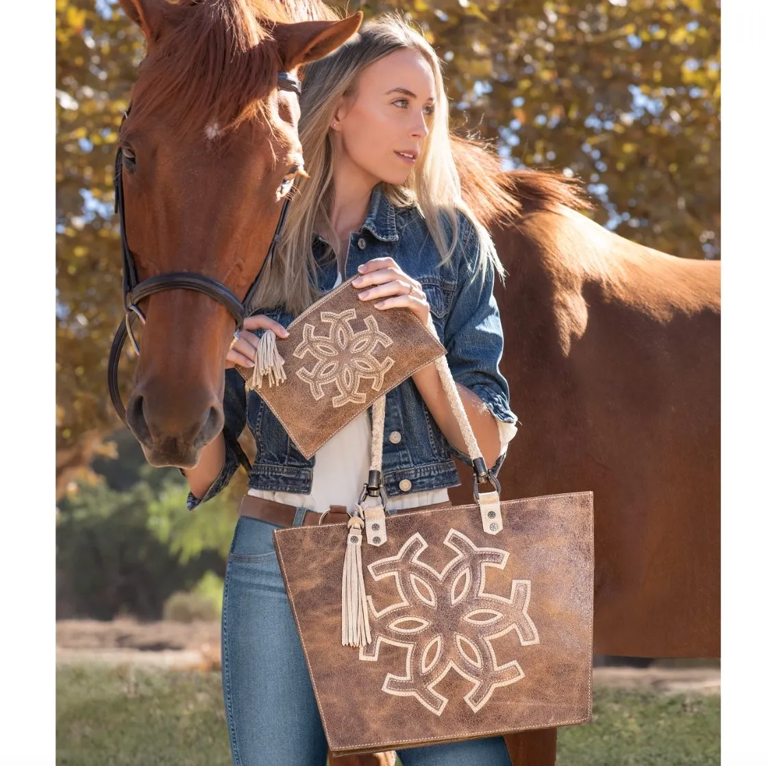 Classique - Hand Stitched Horseshoe Medallion and Vintage Distressed Leather Suede Clutch Bag