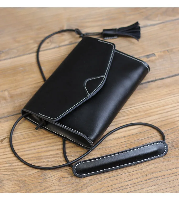 Cute Black LEATHER Flip Side Bag Handmade WOMEN Envelope Crossbody BAG Purse FOR WOMEN