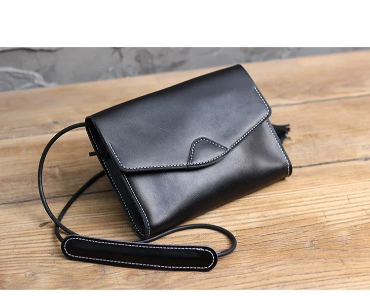 Cute Black LEATHER Flip Side Bag Handmade WOMEN Envelope Crossbody BAG Purse FOR WOMEN