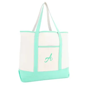 Dalix Monogram Tote Bag For Women Open Top Mint Green Personalized Letter A-Z