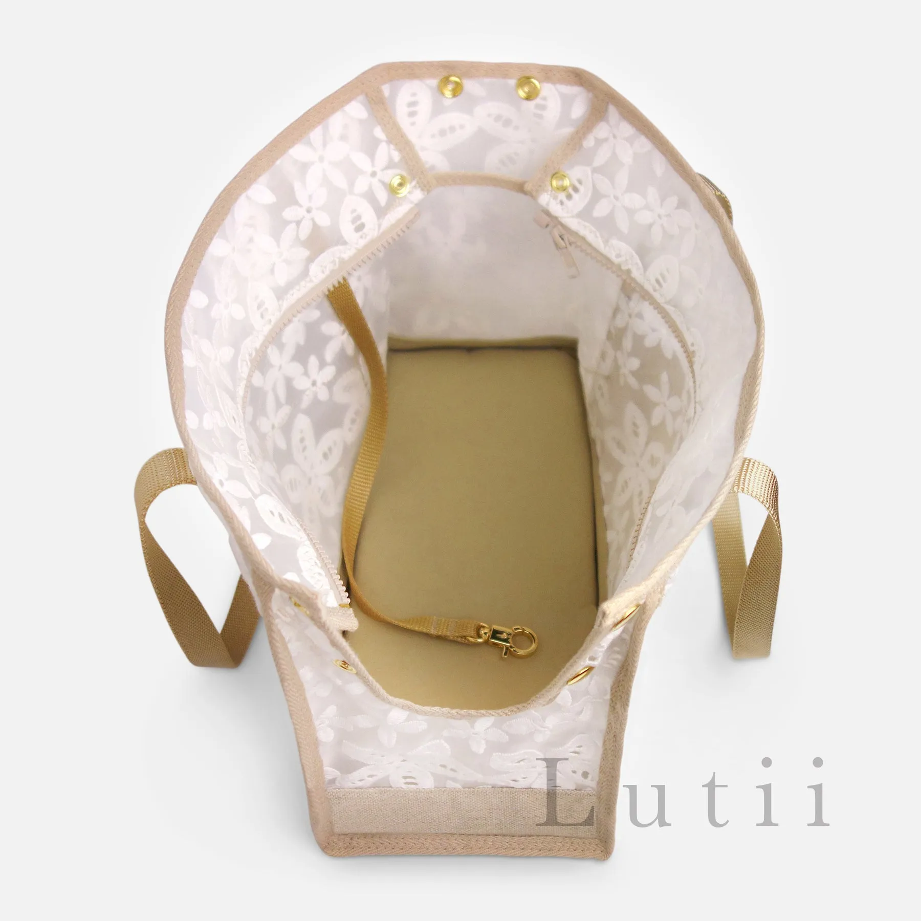dog carrier, non-overheating, spring/summer embroidered lightweight sheer pet tote "Cali"