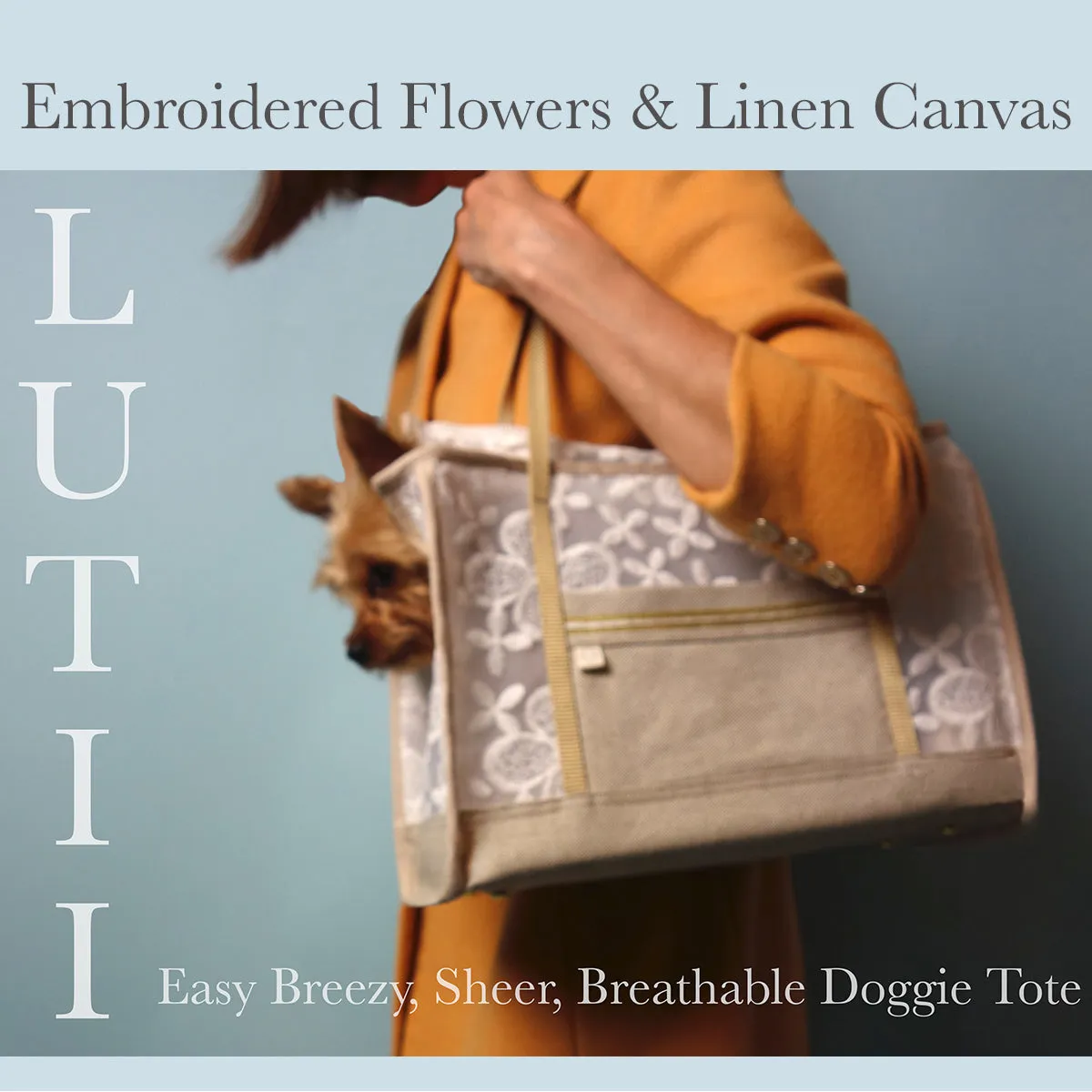 dog carrier, non-overheating, spring/summer embroidered lightweight sheer pet tote "Cali"