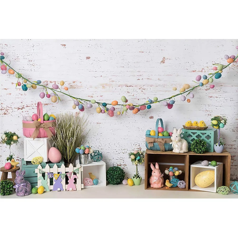 Easter Backdrop Photogrphy Background Easter Basket Bunny Egg Fence