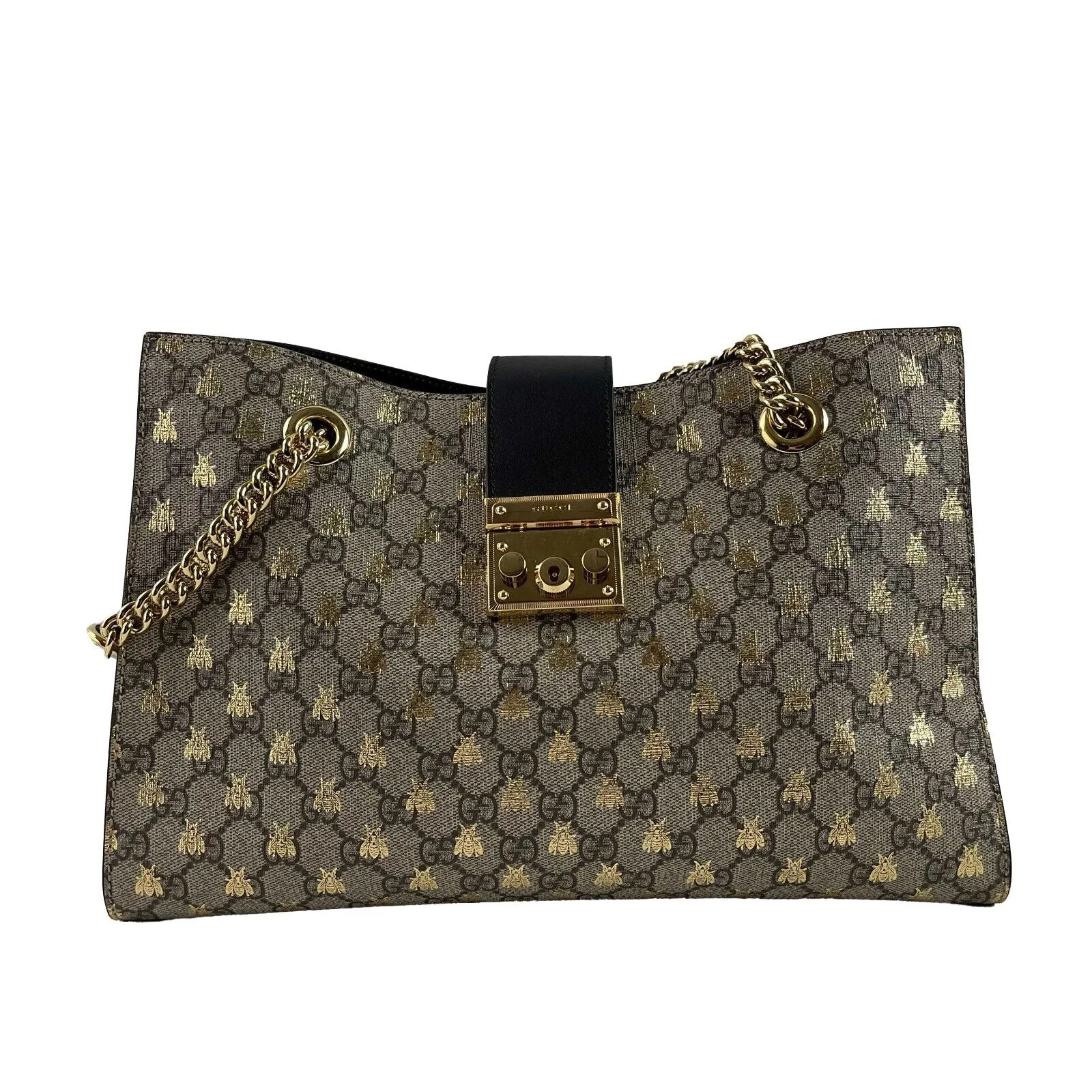 Gucci Padlock Chain Tote GG Supreme Monogram Bees Medium Brown Handbag Excellent