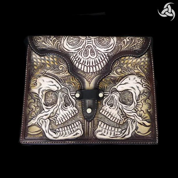 Leather iPad Tablet Case Hand Carved Skulls