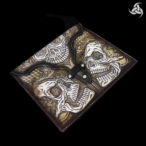 Leather iPad Tablet Case Hand Carved Skulls