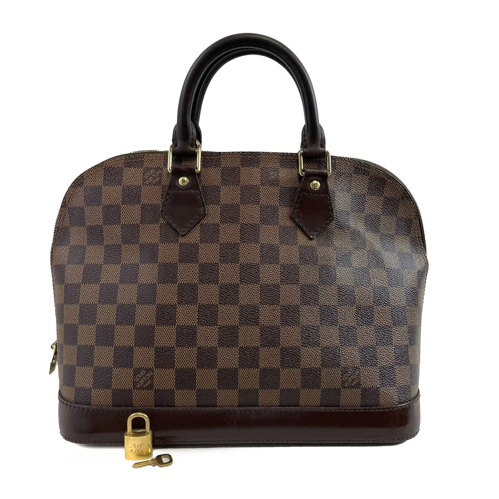 Louis Vuitton Alma Damier Ebene PM Brown Top Handle W/ Lock & Key