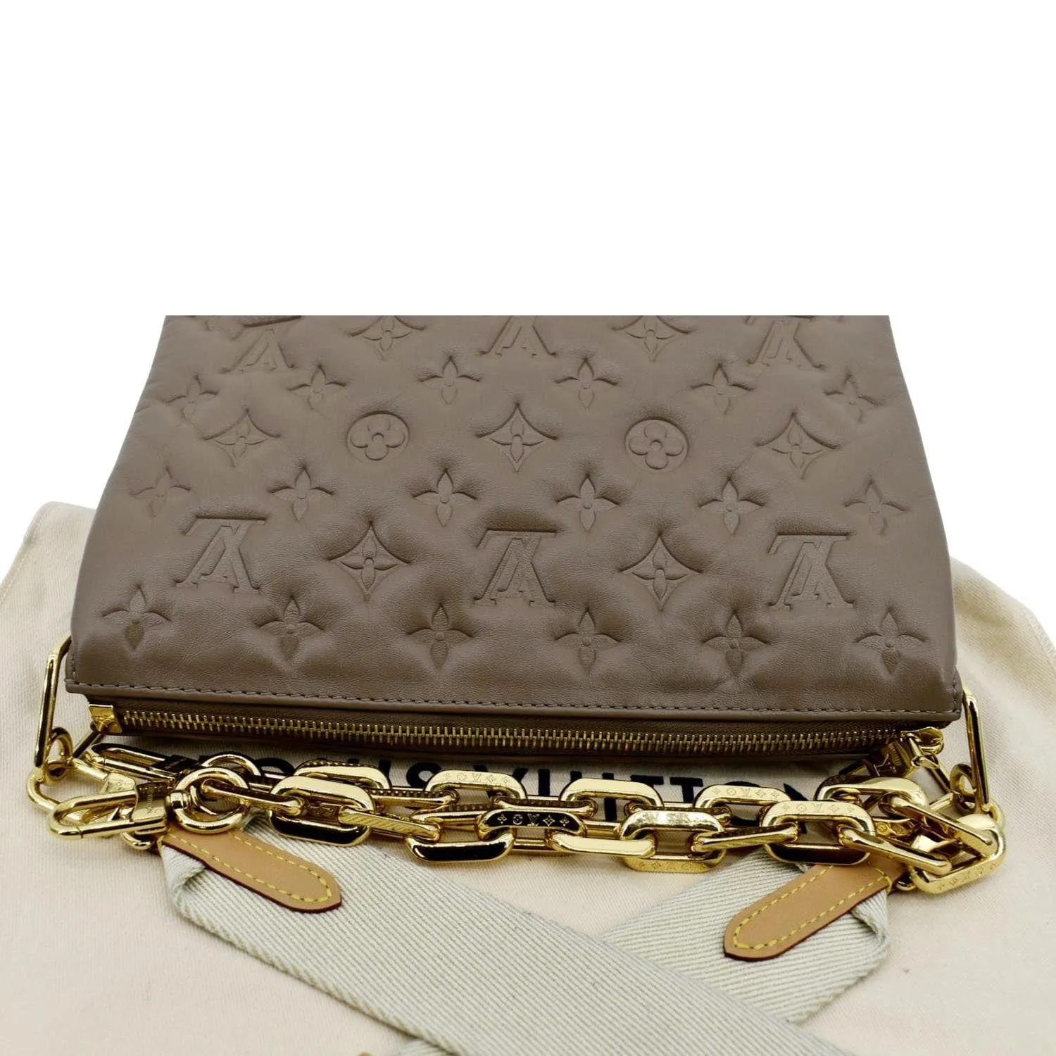 LOUIS VUITTON Coussin MM Monogram Embossed Shoulder Bag Taupe