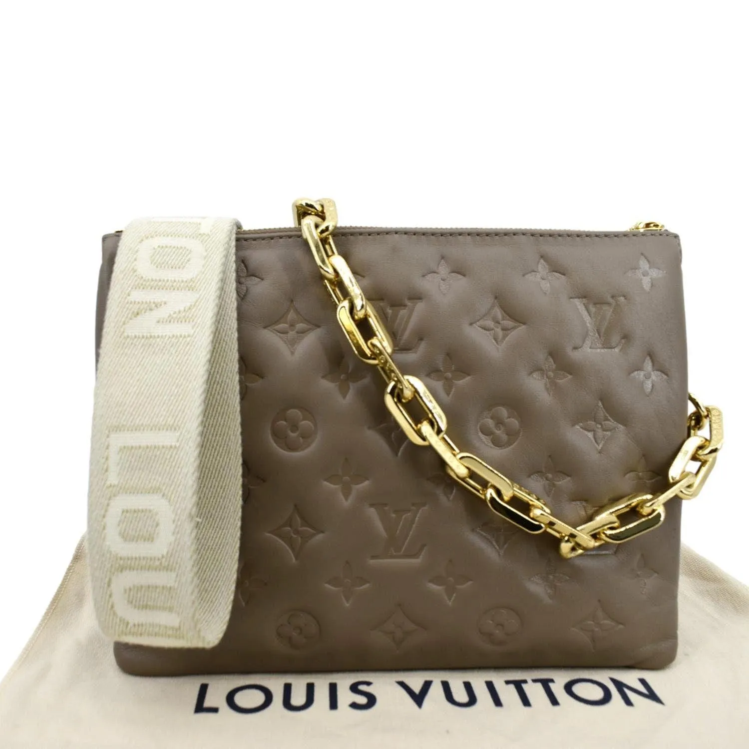 LOUIS VUITTON Coussin MM Monogram Embossed Shoulder Bag Taupe