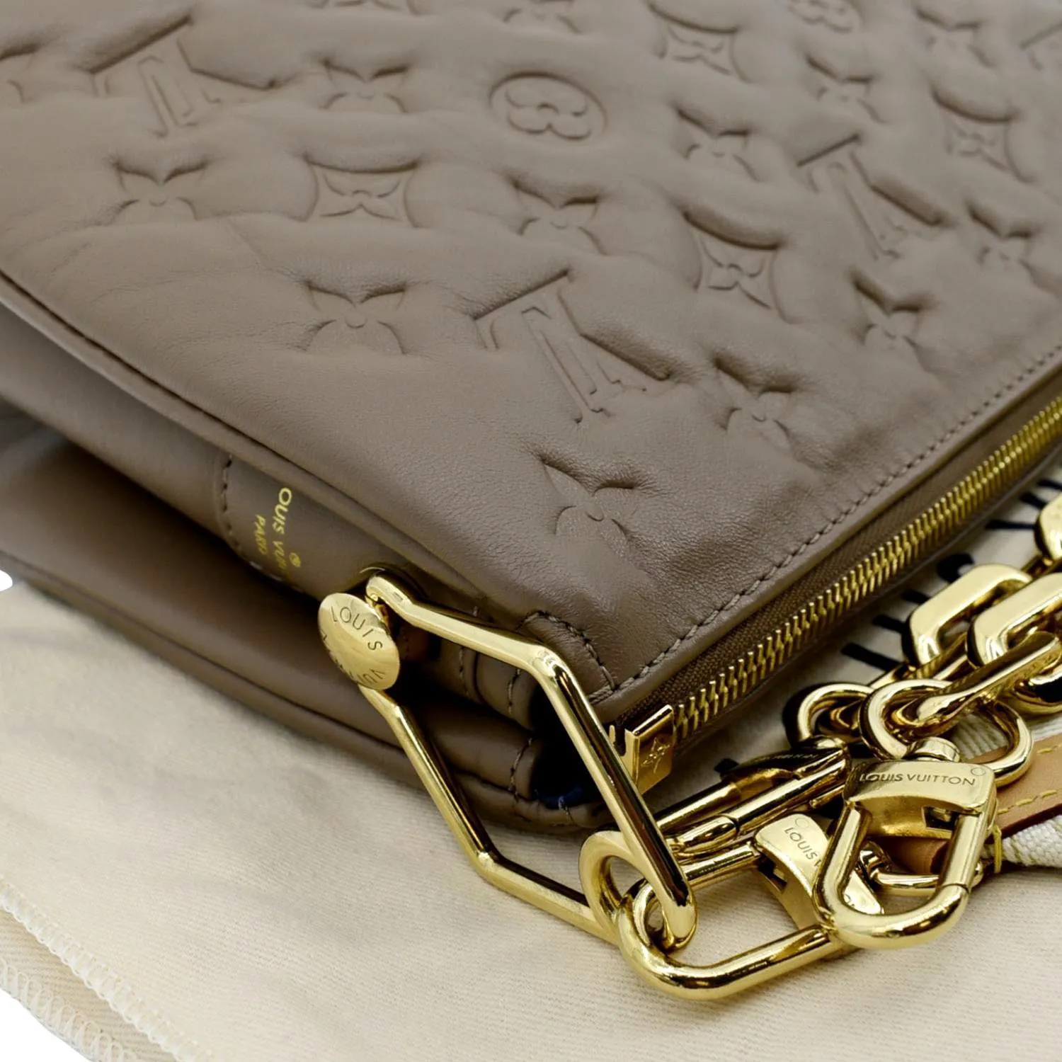LOUIS VUITTON Coussin MM Monogram Embossed Shoulder Bag Taupe