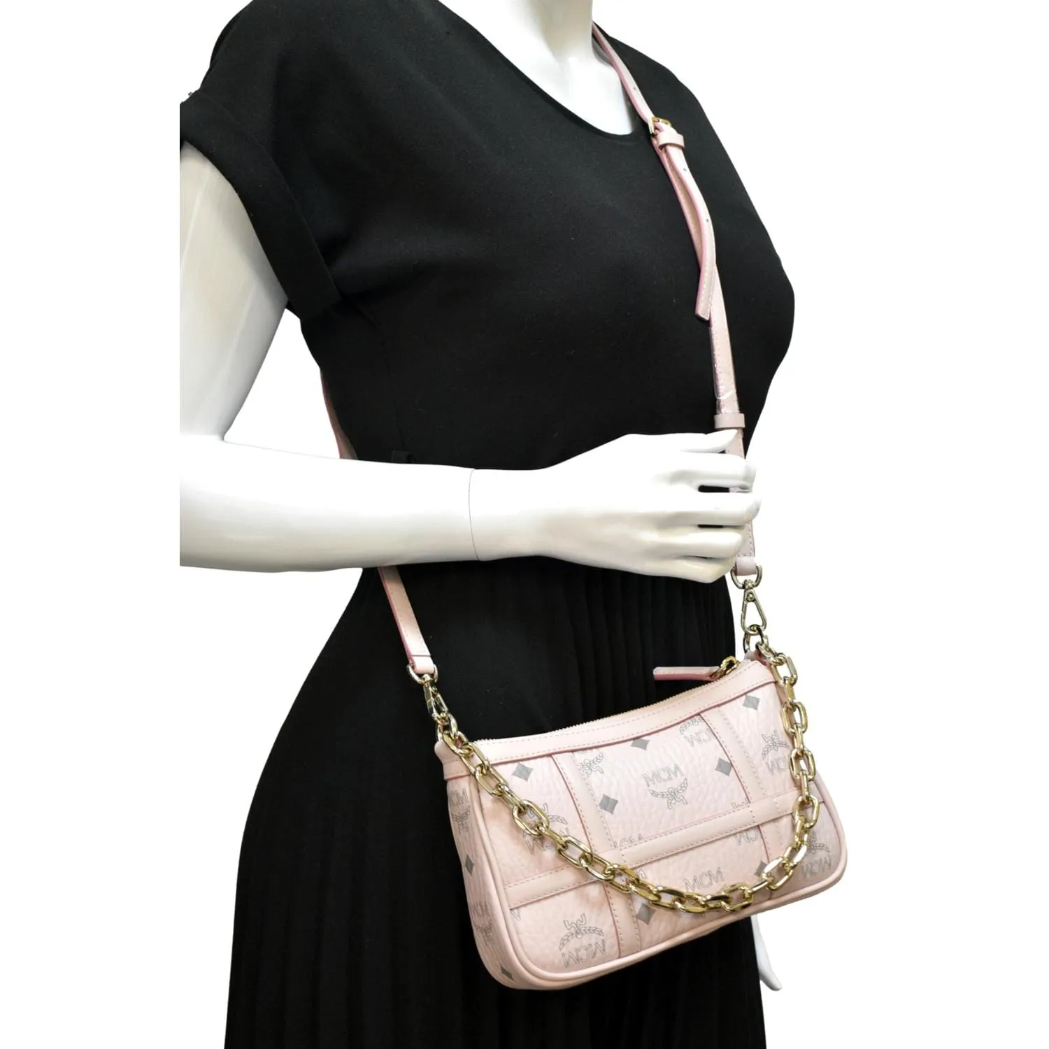 MCM Delmy Visetos Monogram Canvas  Leather Shoulder Bag Pink