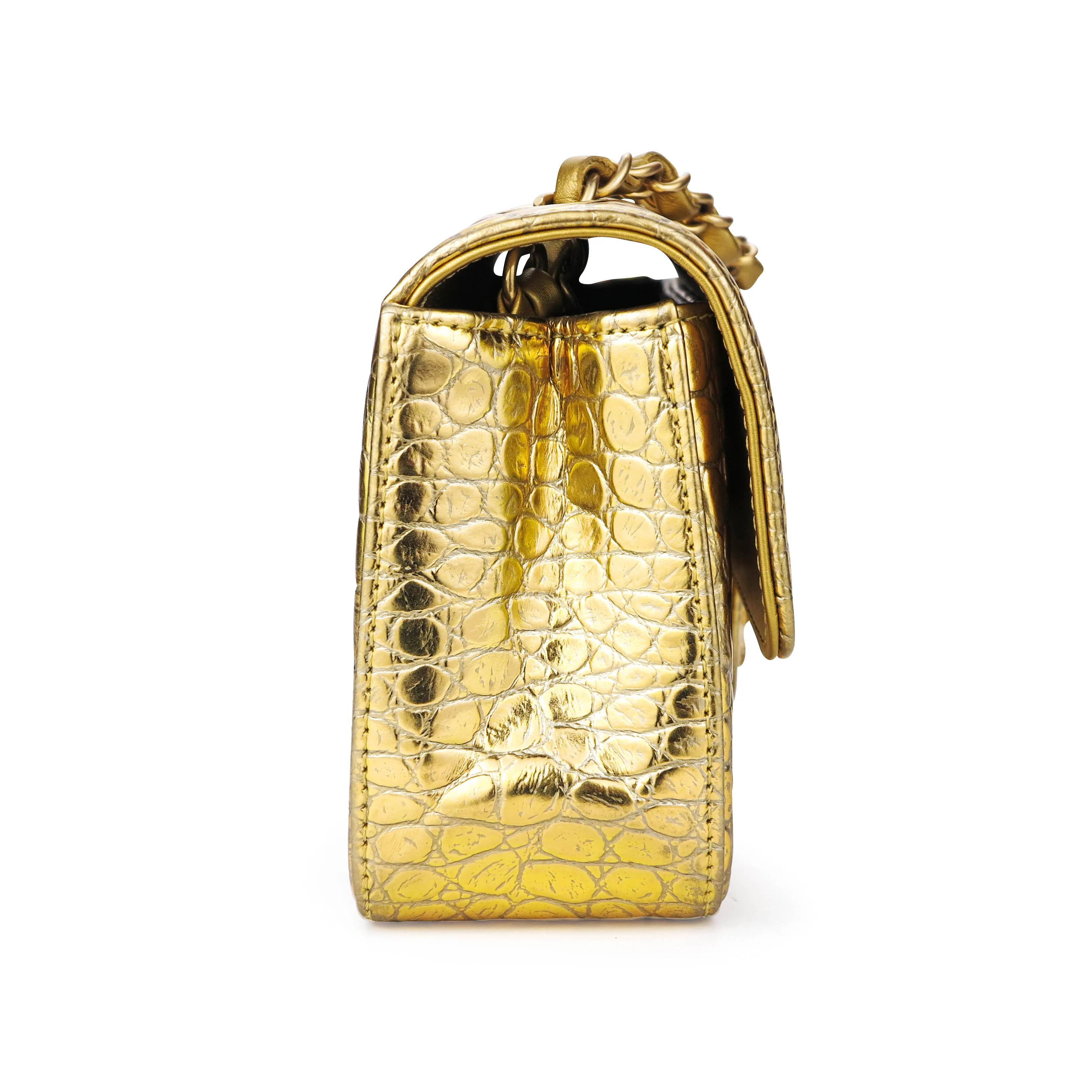 Mini Rectangular Flap Bag in Gold Croc Embossed Calfskin