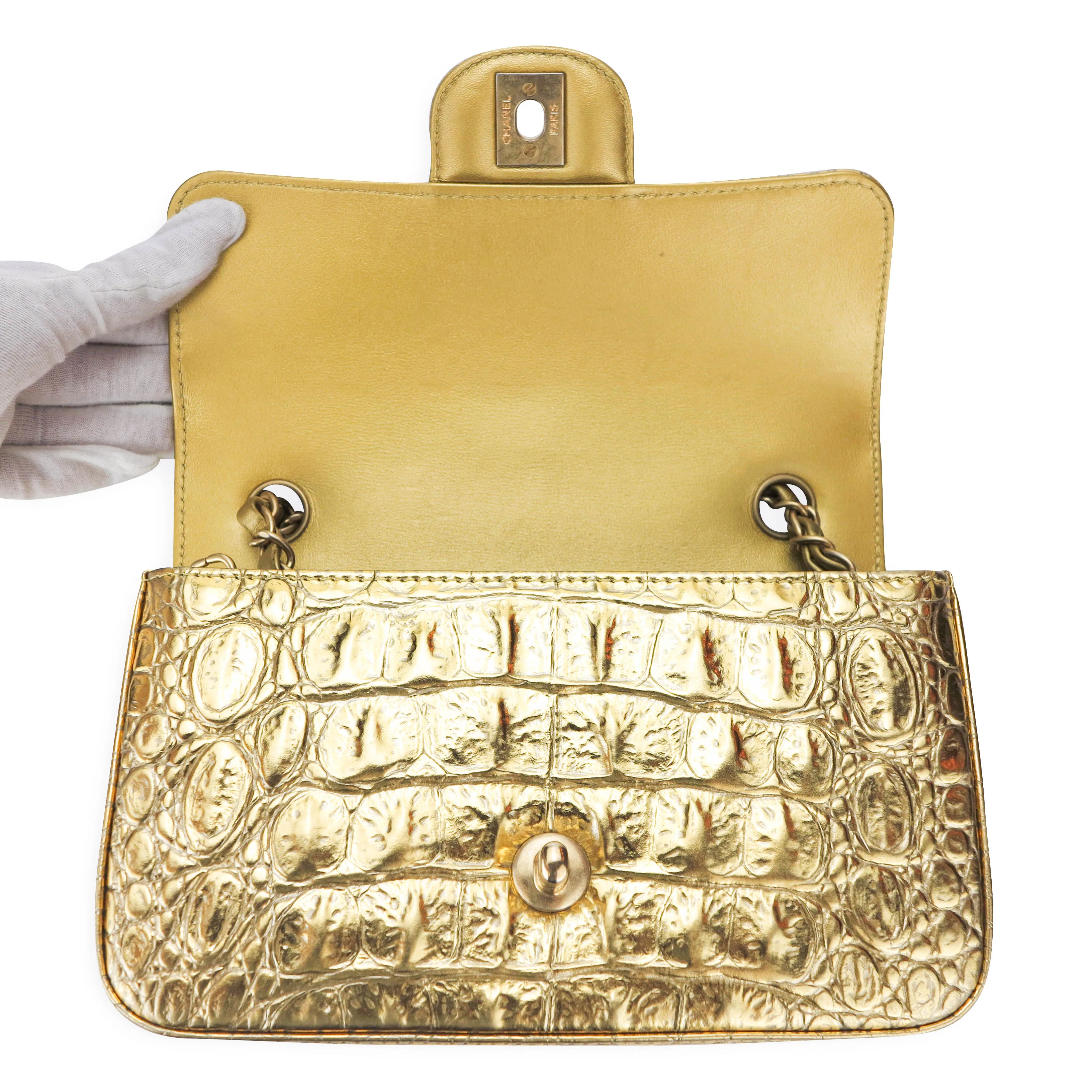 Mini Rectangular Flap Bag in Gold Croc Embossed Calfskin