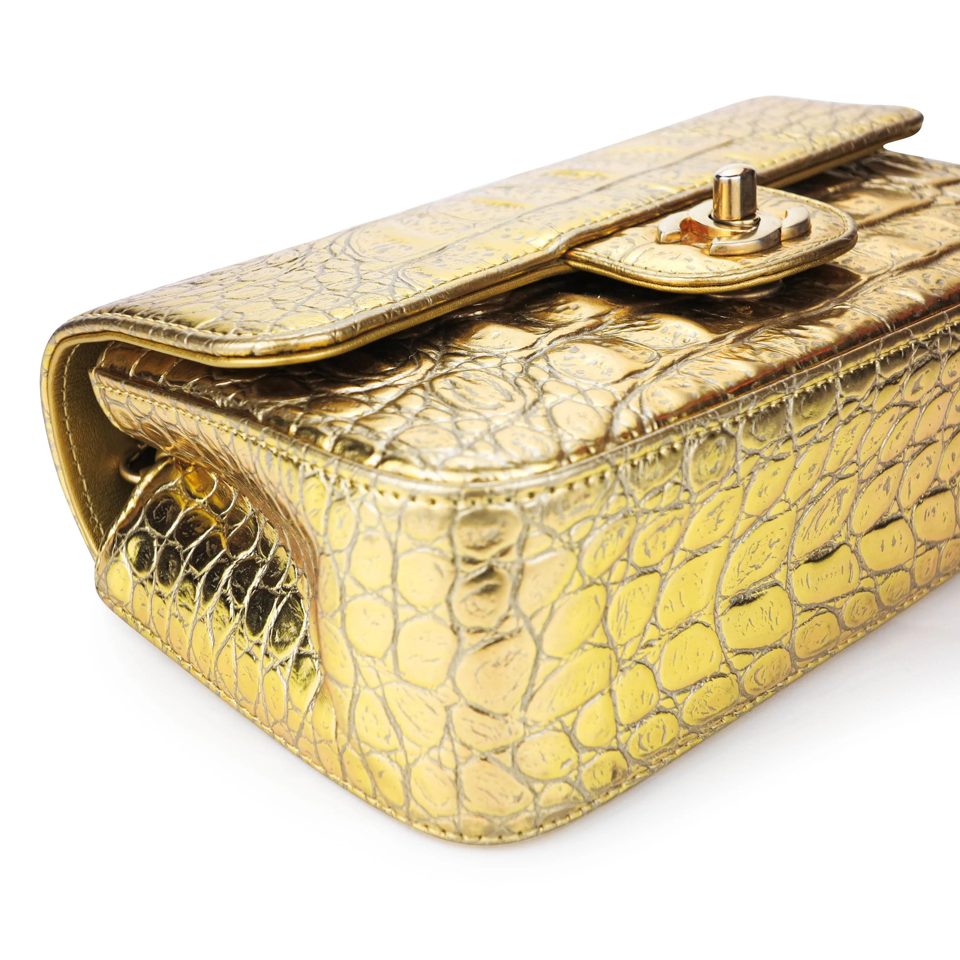 Mini Rectangular Flap Bag in Gold Croc Embossed Calfskin