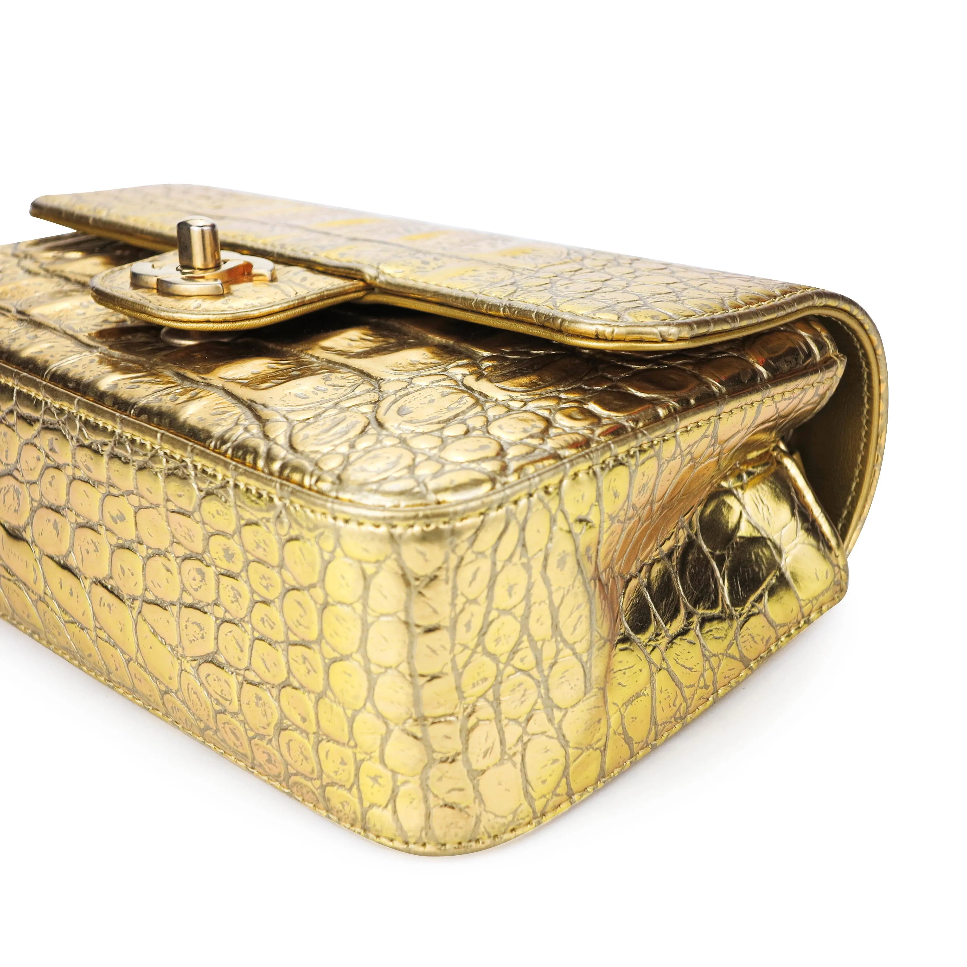 Mini Rectangular Flap Bag in Gold Croc Embossed Calfskin