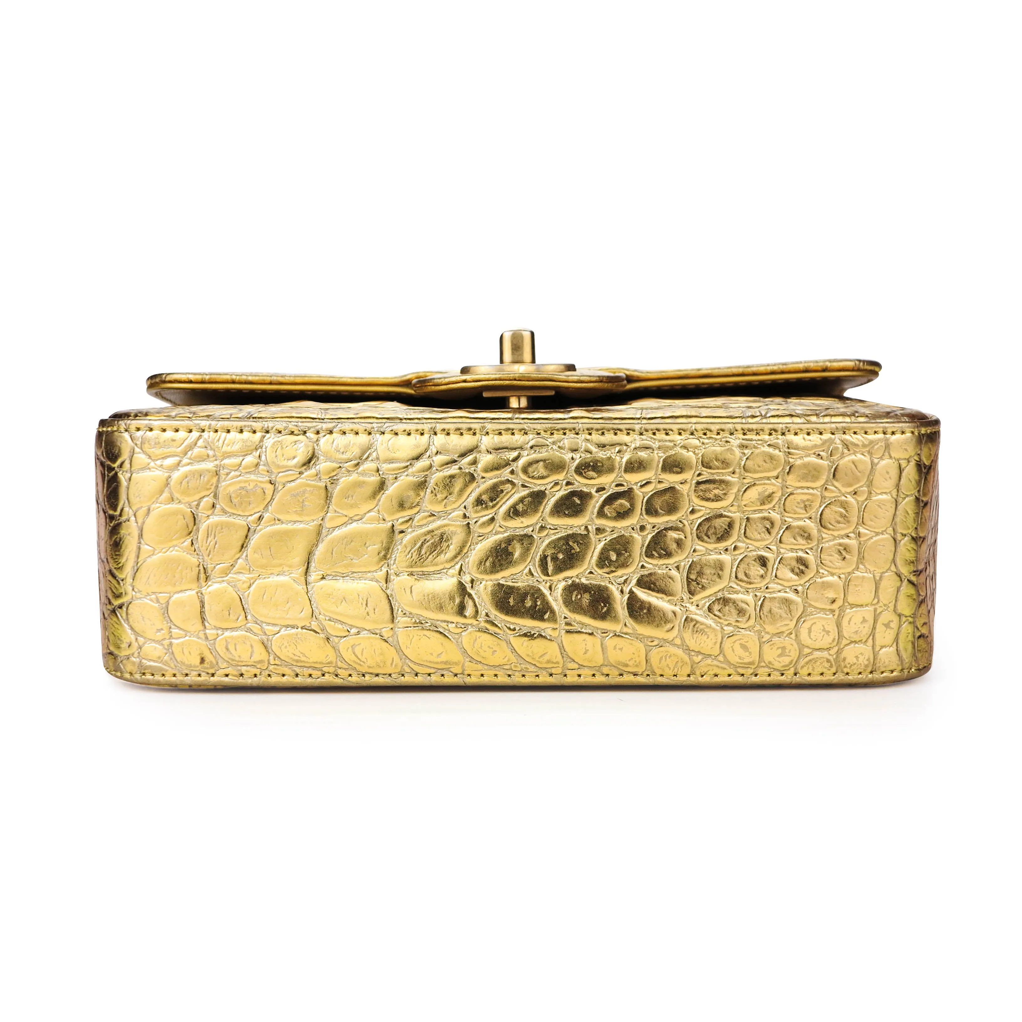 Mini Rectangular Flap Bag in Gold Croc Embossed Calfskin
