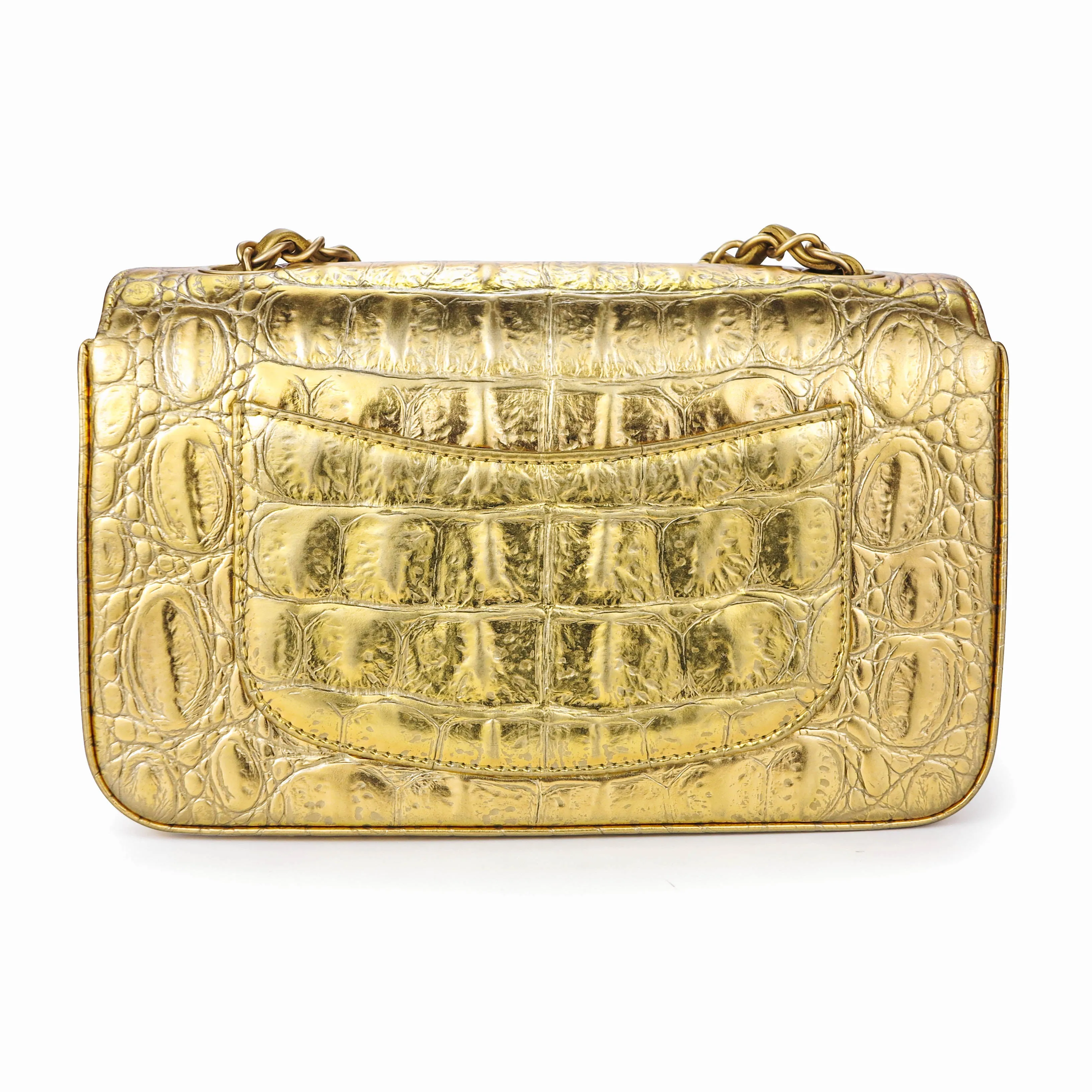 Mini Rectangular Flap Bag in Gold Croc Embossed Calfskin