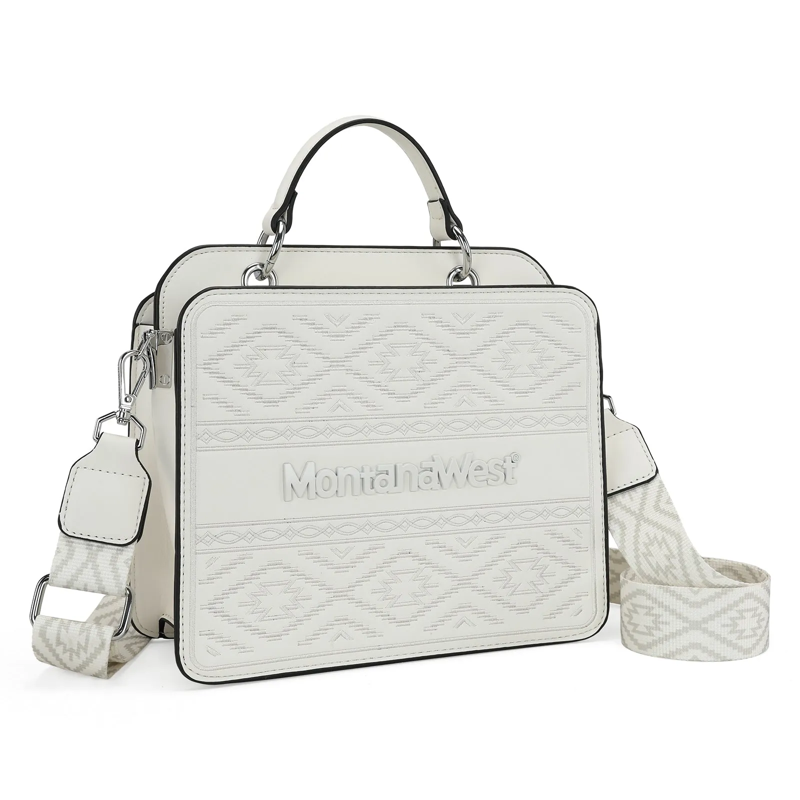 MWF1052-8120   Montana West Embroidered Aztec Tote/Crossbody With Mini Pouch - White