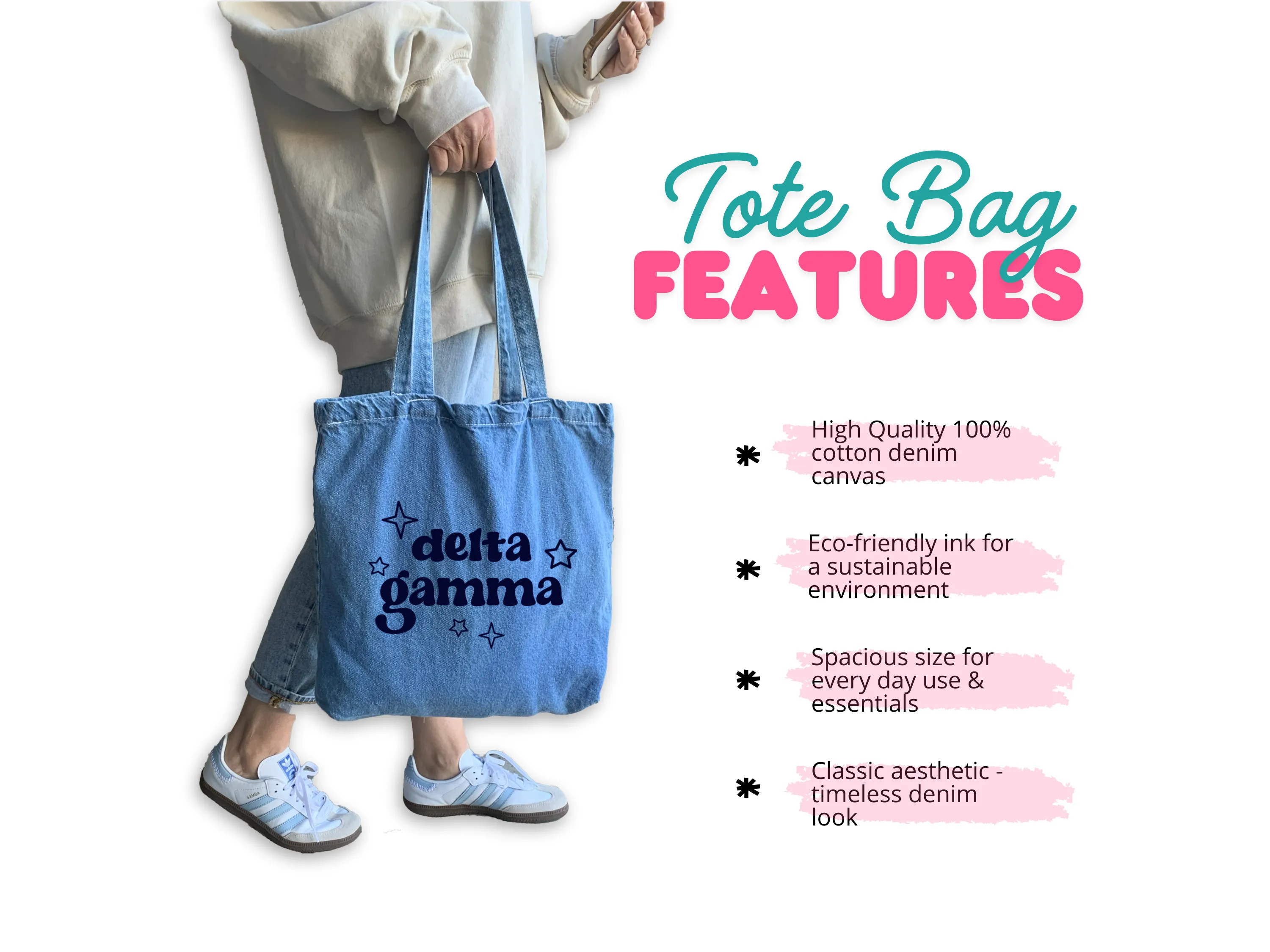 Pi Beta Phi Denim Tote Bag - Sorority Gift, Big Little Reveal, Bid Day, Greek Life Accessory