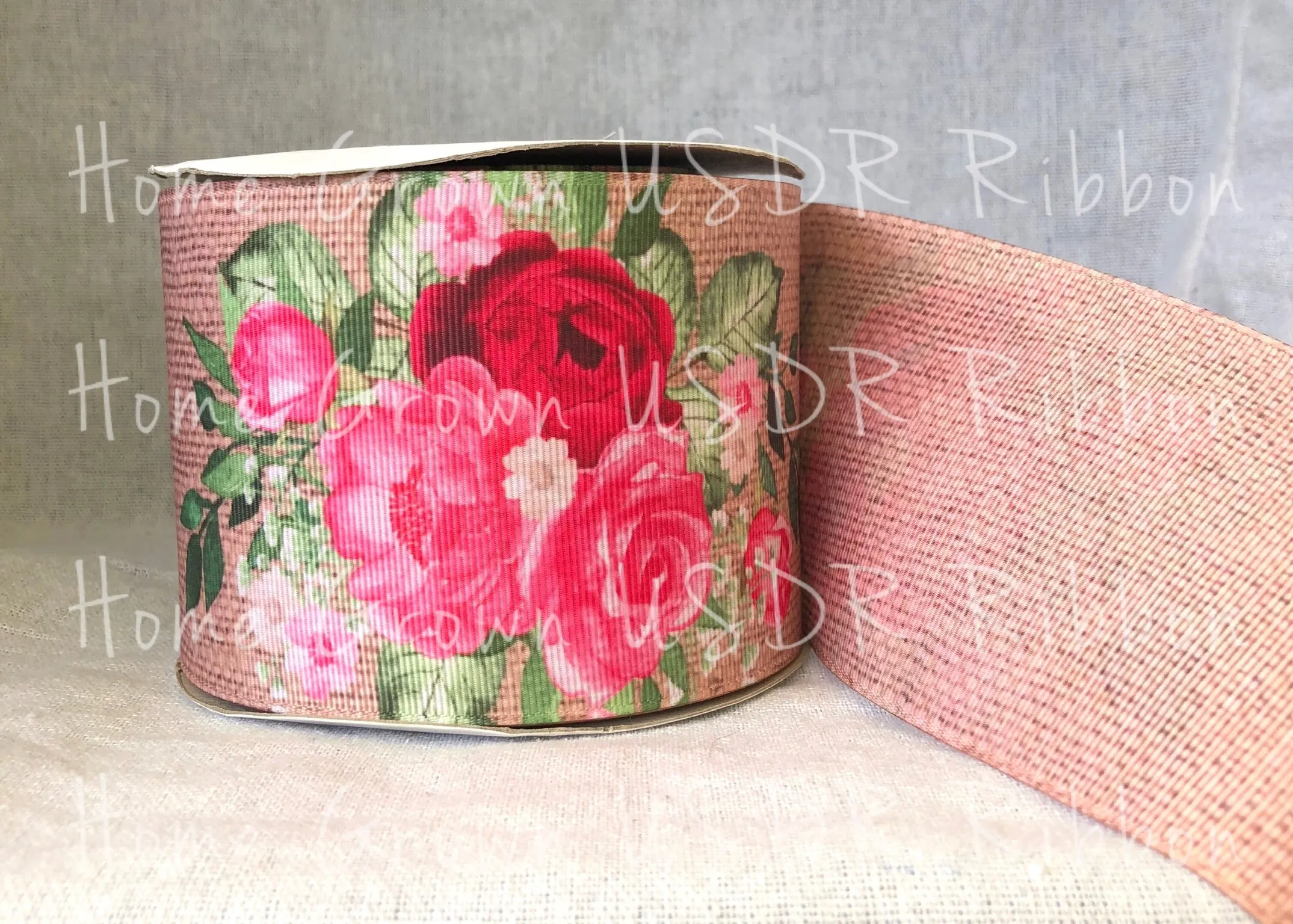 Pink Roses Burlap Double Sided USDR Ribbon - 3 Inch