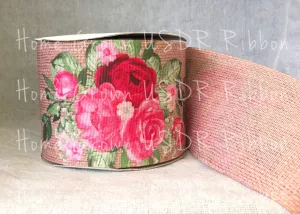Pink Roses Burlap Double Sided USDR Ribbon - 3 Inch