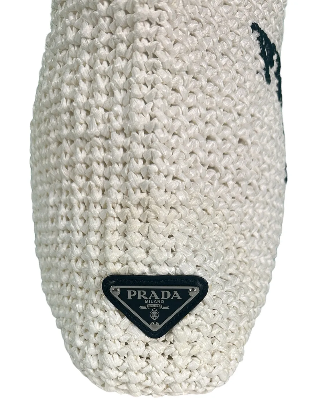 Prada White Yarn Raffia Effect Crochet Embroidered Small Logo Tote Bag