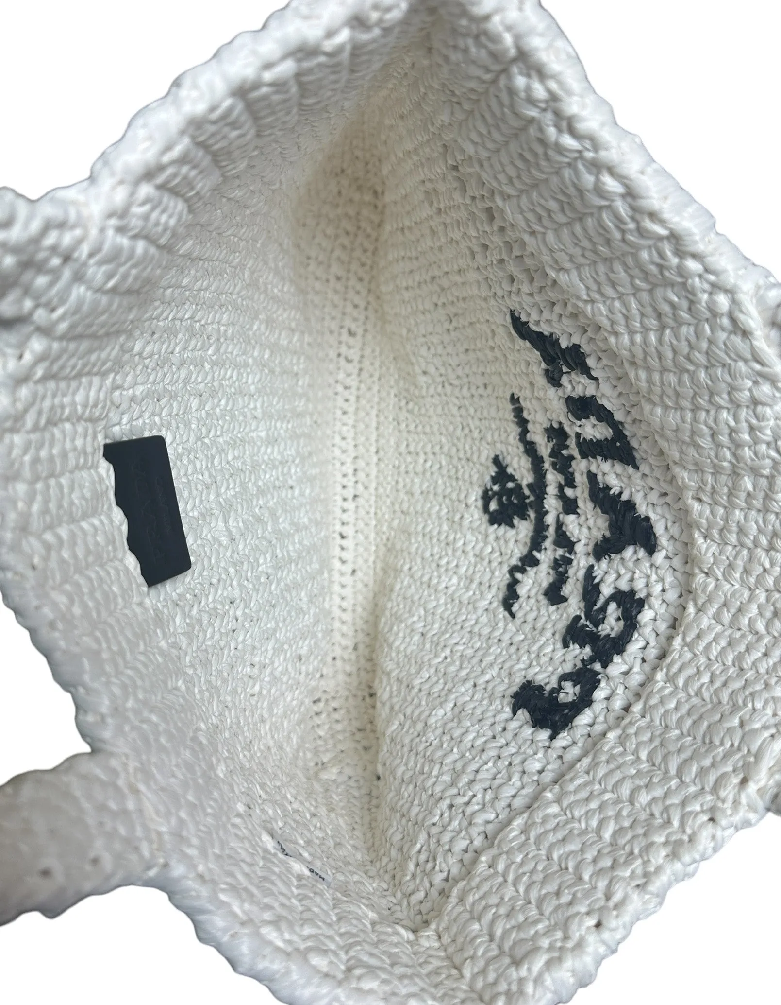 Prada White Yarn Raffia Effect Crochet Embroidered Small Logo Tote Bag