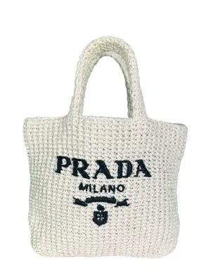 Prada White Yarn Raffia Effect Crochet Embroidered Small Logo Tote Bag