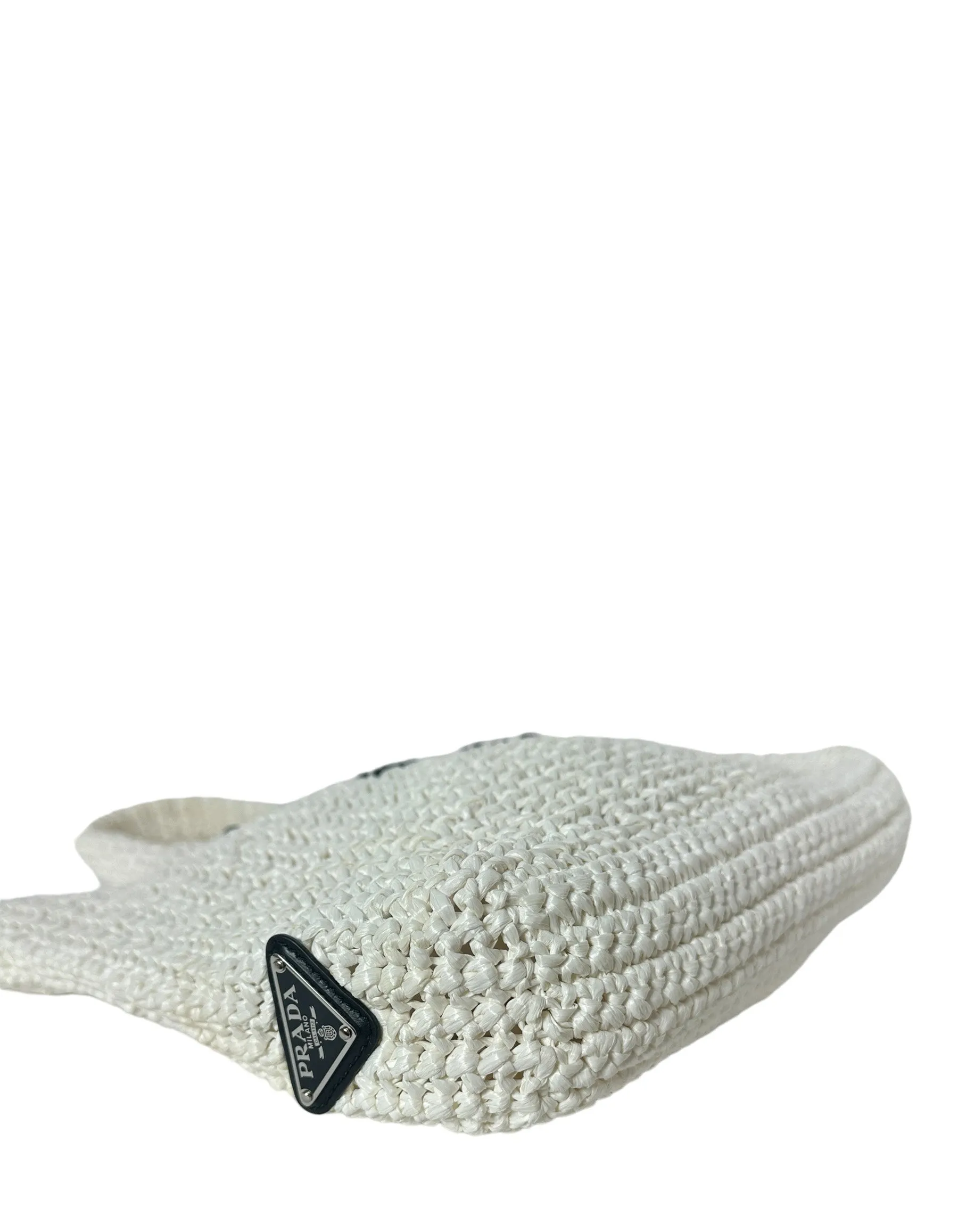 Prada White Yarn Raffia Effect Crochet Embroidered Small Logo Tote Bag