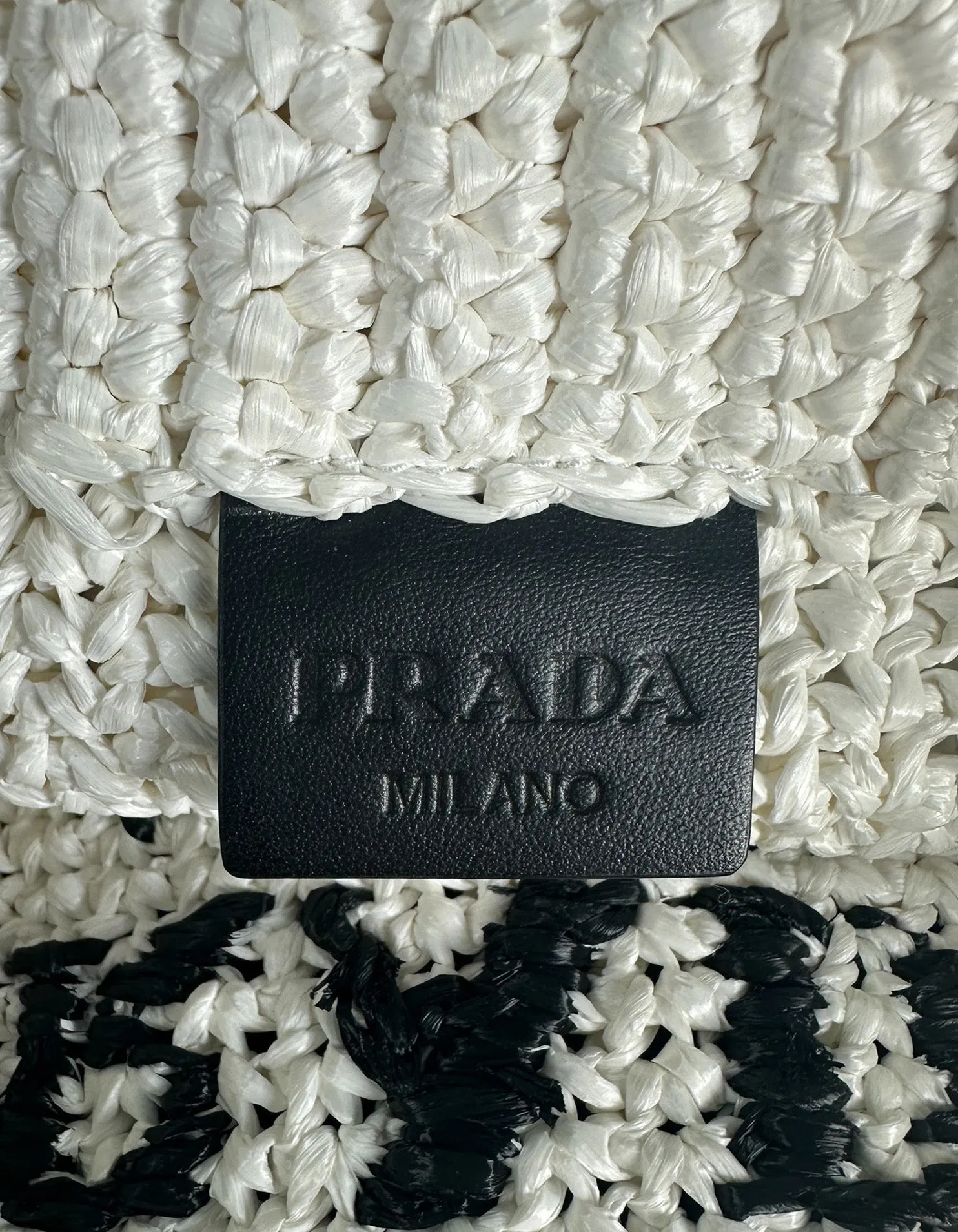 Prada White Yarn Raffia Effect Crochet Embroidered Small Logo Tote Bag